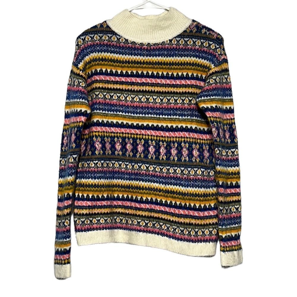 Talbots Sweater Woman’s Size XS Fair Isle Mock Neck Ivory Colorful Stripes